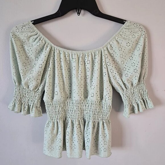 $89 JOIE Women's Green Eyelet Romantic Blouse Small Elastic Waist - Picture 2 of 3